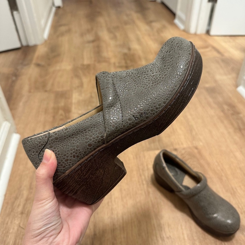 B.O.C. x Born | Women's Gray Leather Floral Textured Slip On Comfort Clogs, 8.5M